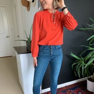 GAP Red Shirred Denim Popover Shirt